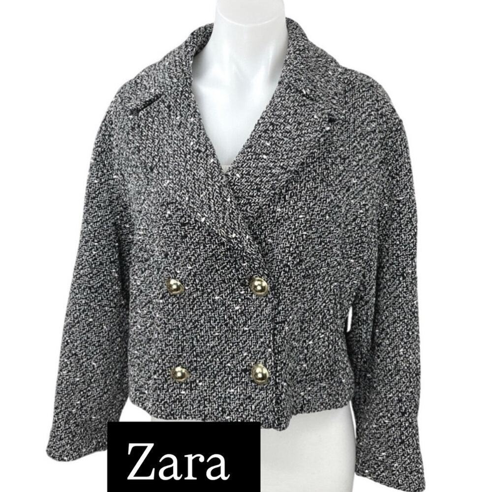 Zara Women's Black Tweed Jacket with Gold Buttons
